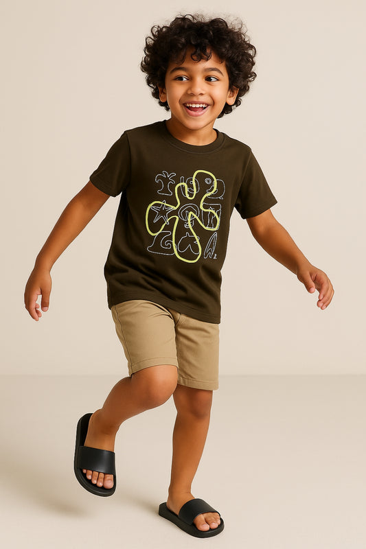 Boys Cotton Olive Printed T-Shirt