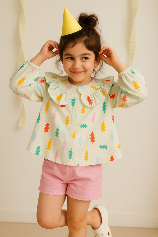 Girls Cream Printed Cotton Top