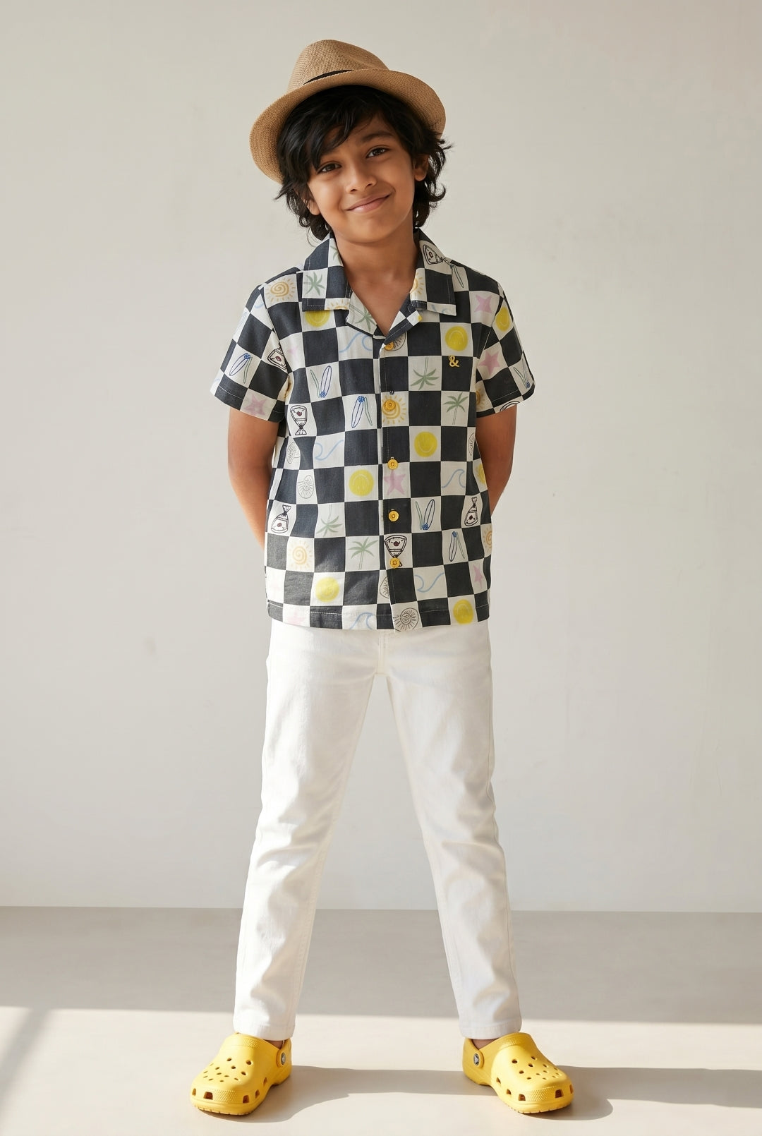Boys Black Printed Shirt With White Trouser Clothing Set