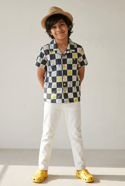 Boys Black Printed Shirt With White Trouser Clothing Set