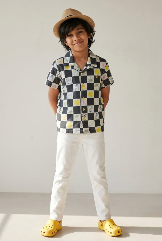 Boys Black Printed Shirt With White Trouser Clothing Set