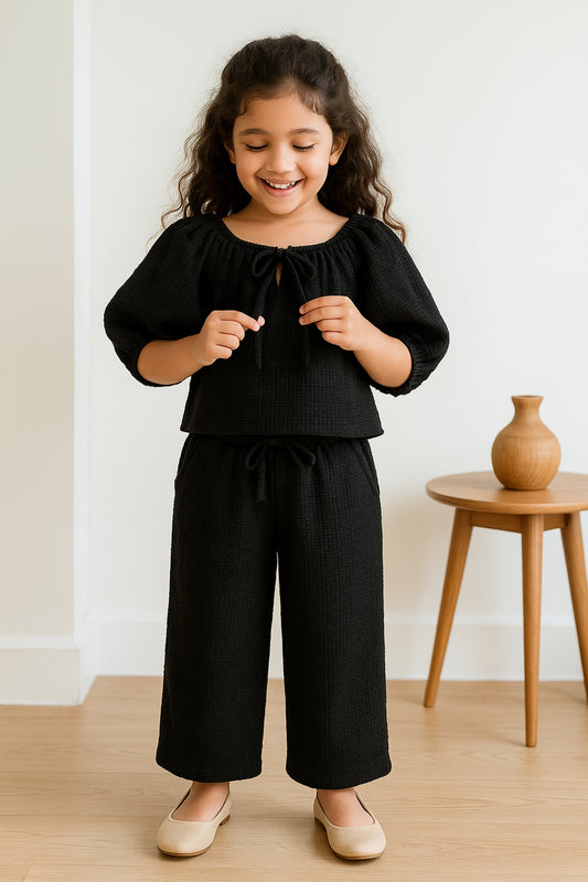 Girls Black Solid Top & Palazzo Co-ord Set