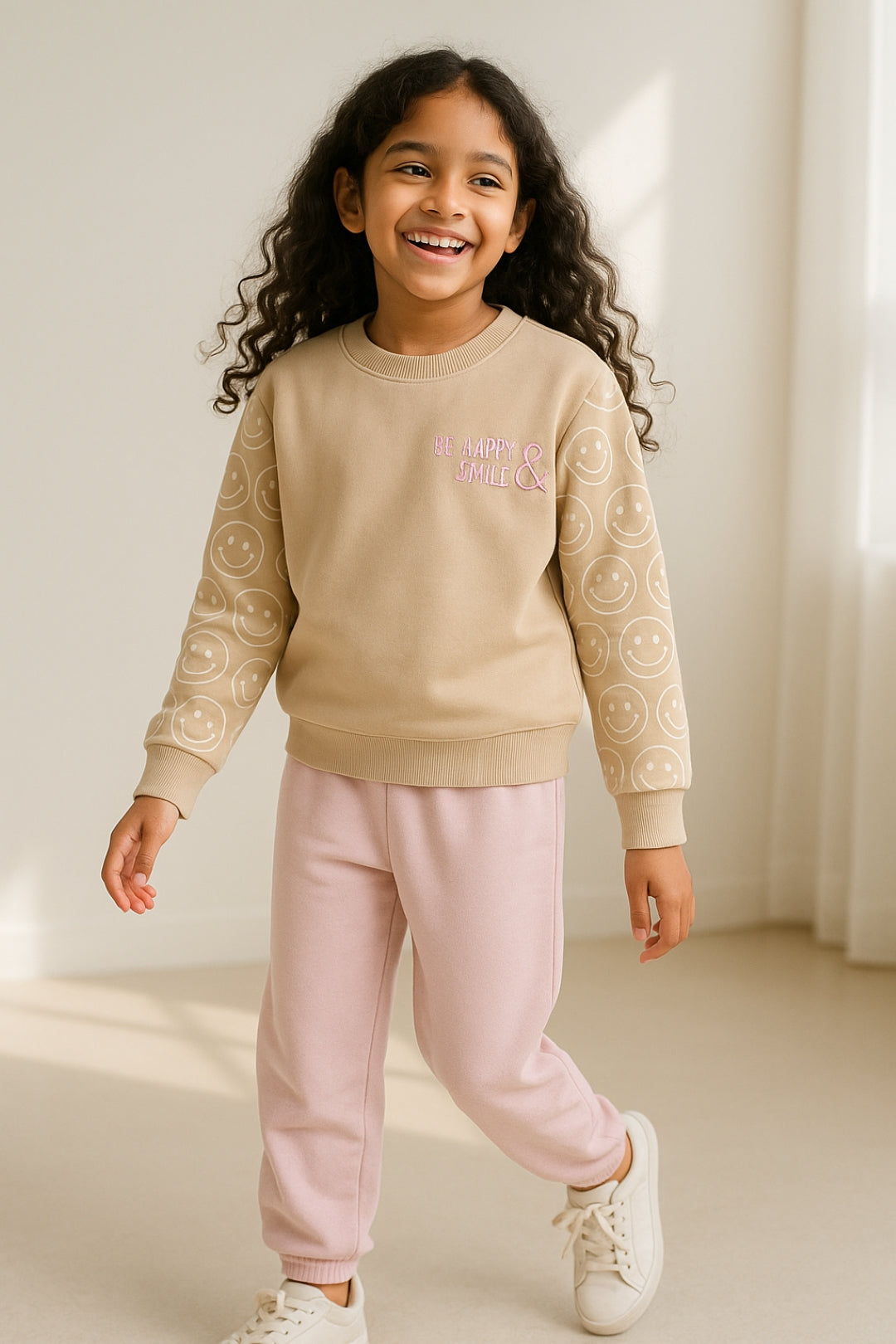 Girls Beige Cotton Sweatshirt