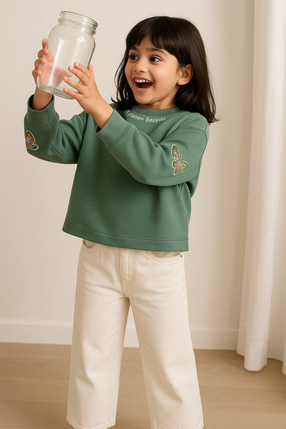 Girls Olive Cotton Printed Cropped Sweatshirt