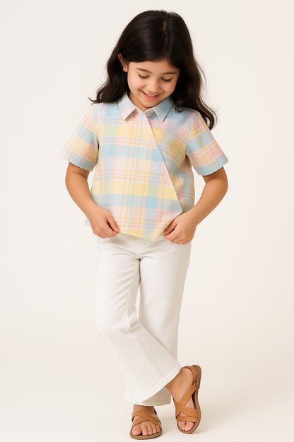 Girls Multi-Color Viscose Checked Top