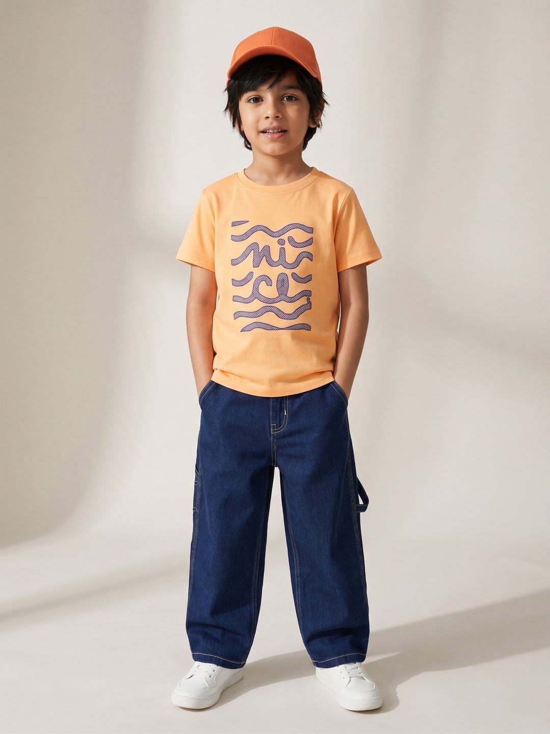 Boys Cotton Rust T-Shirt With Blue Lycra Denim Solid Relaxed Fit Jeans