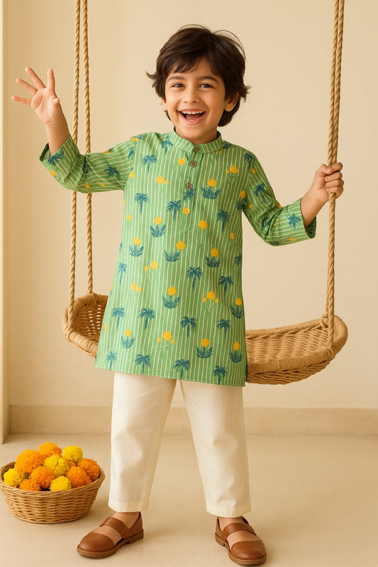 Boys Green Cotton Printed Kurta Set