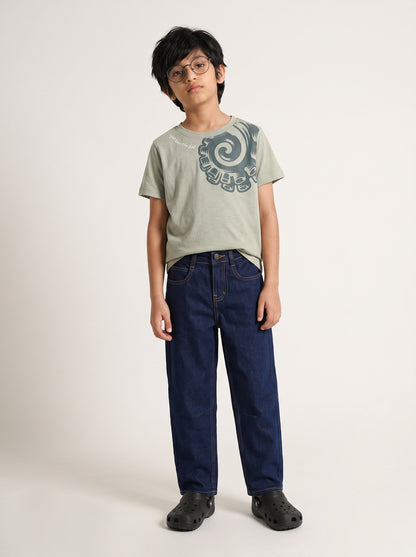 Boys Cotton Printed  Grey T-Shirt With Blue Denim Washed Barrel Fit Jeans