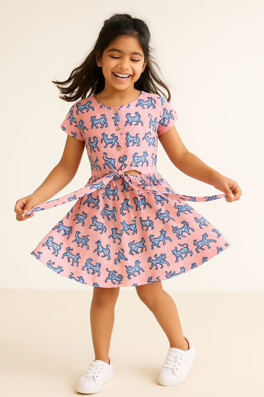 Girls Pink Overall Printed Dress
