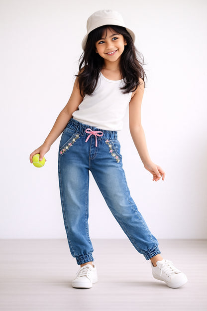 Girls Blue Lycra Embroidery Jogger