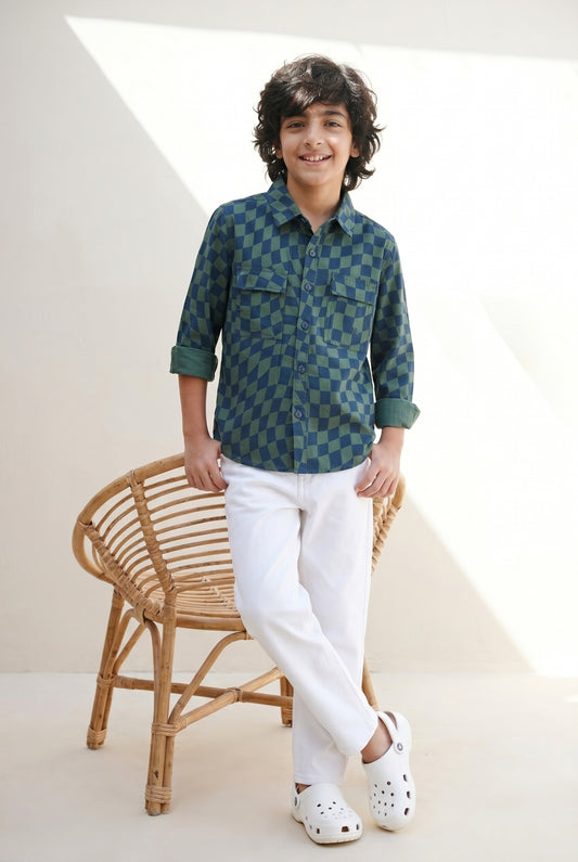 Boys Cotton Checks Printed Shirt With White Plain Jeans Clothing Set