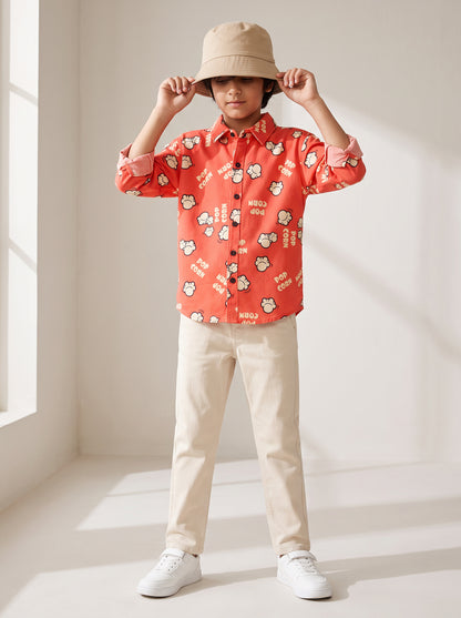 Boys Cotton Printed Red Shirt With Beige Cotton Solid Slim Fit Trouser