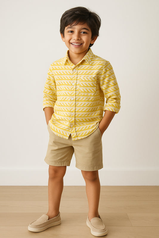 Boys Yellow Viscose Print Shirt