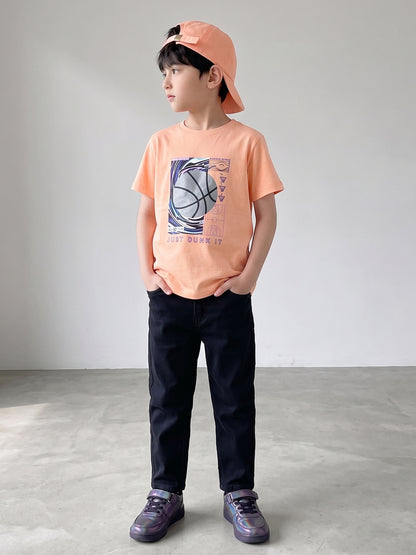 Boys Cotton Peach T-Shirt With Black Denim Washed Straight Fit Jeans