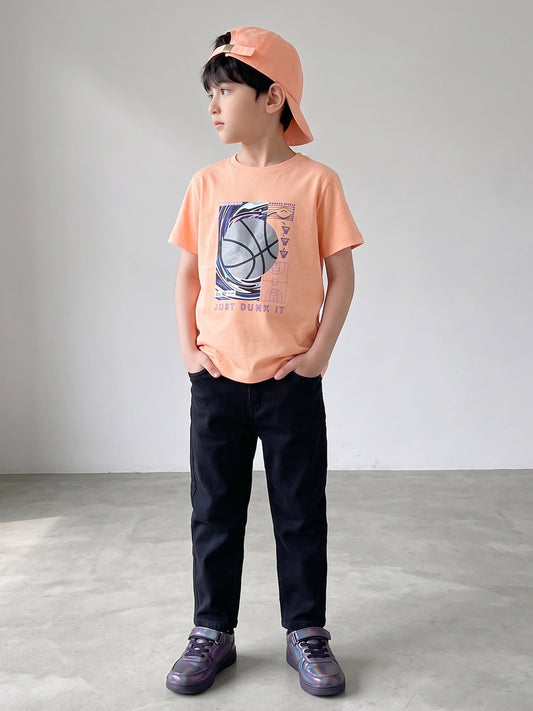 Boys Cotton Peach T-Shirt With Black Denim Washed Straight Fit Jeans