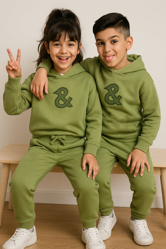 Unisex Olive Solid Fleece Hooded Co-ord Set
