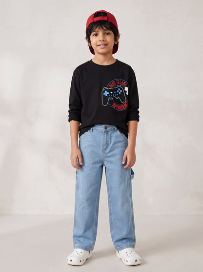 Boys Cotton Black Printed T-Shirt With Blue Lycra Denim Solid Relaxed Fit Jeans