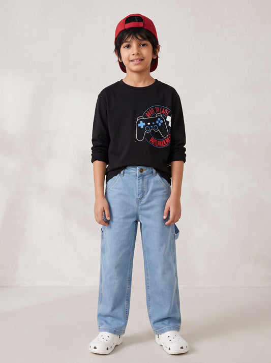Boys Cotton Black Printed T-Shirt With Blue Lycra Denim Solid Relaxed Fit Jeans