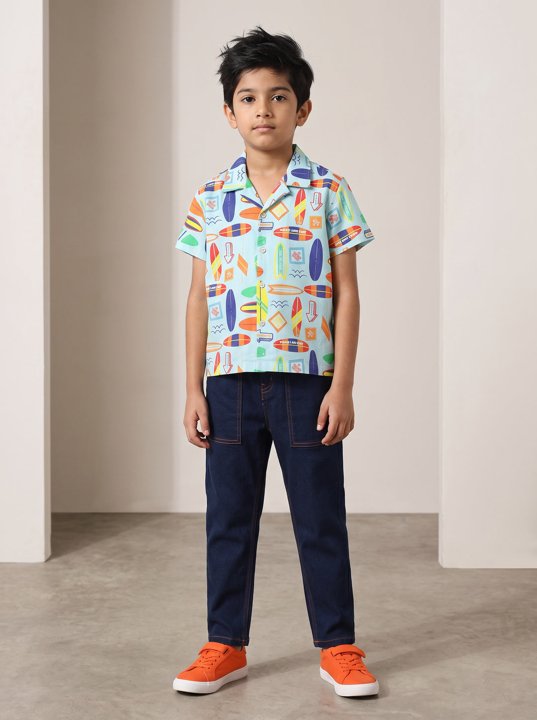 Boys Cotton Blue Printed Shirt With Blue Denim Washed Slim Fit Jeans