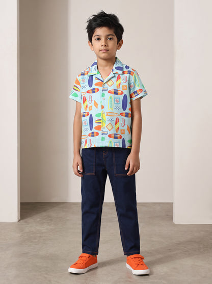 Boys Cotton Blue Printed Shirt With Blue Denim Washed Slim Fit Jeans