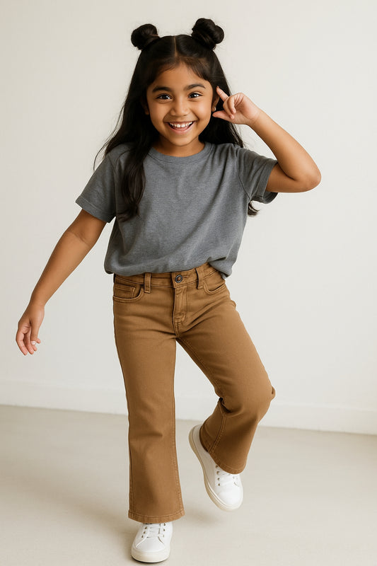 Girls Brown  Lycra Washed Bell Bottom  Jeans