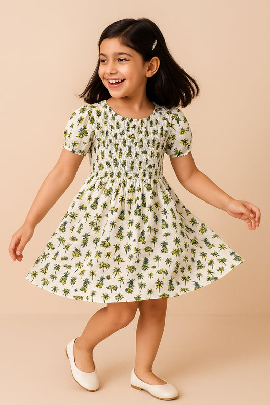 Girls Off White Rayon Regular Fit Half Sleeves Print Dress