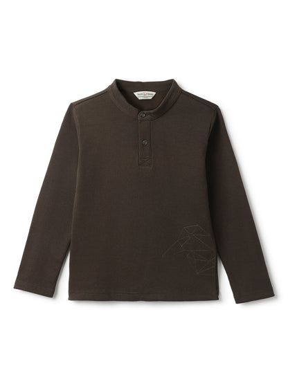 Boys Olive Henley Neck Solid T-Shirt