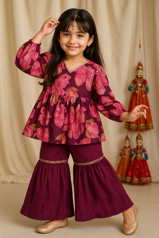 Girls Purple Floral Print  Kurta & Sharara Set