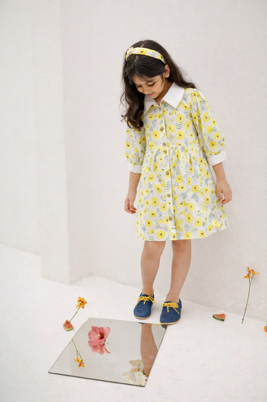Girls Yellow 100% Cotton 3/4th Sleeve Regular Fit Print Dress