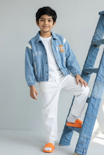Boys Blue Embroidered Cotton Casual Jacket