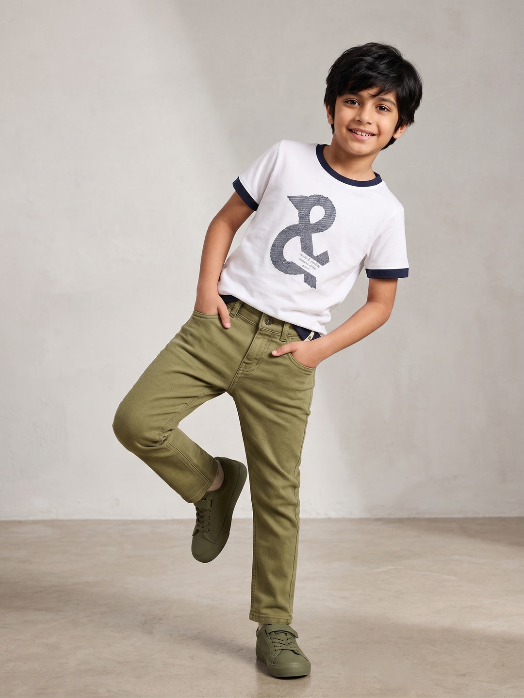 Boys Cotton White Printed T-Shirt With Olive Denim Washed Slim Fit Jeans