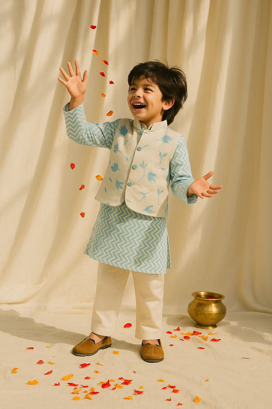 Boys Viscose Blue Full Sleeve Ethnic Kurta Set with Printed Jacket