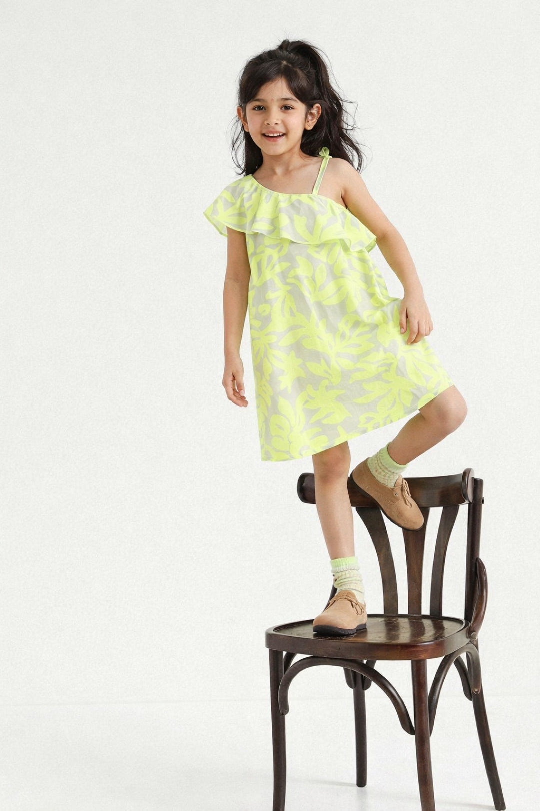 Girls Neon Green Printed Single Shoulder Top
