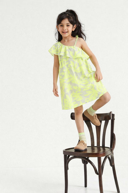 Girls Neon Green Printed Single Shoulder Top