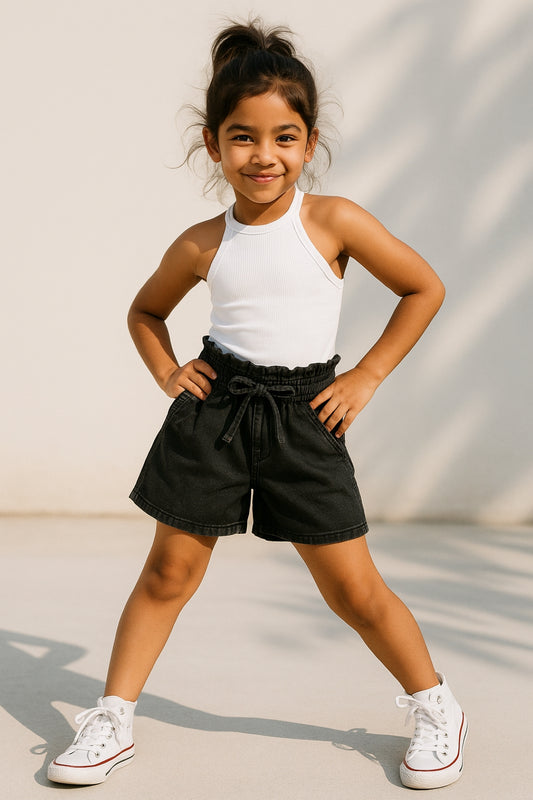 Girls Black Cotton Regular Fit Solid Shorts