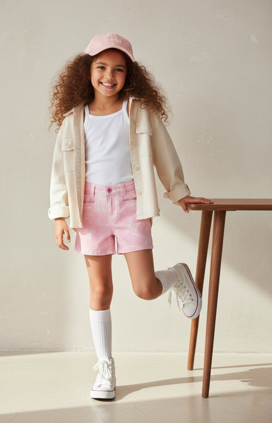 Girls Pink Tie & Dye Cotton Casual Shorts
