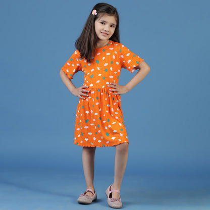 Girls Orange Floral A-Line Dress