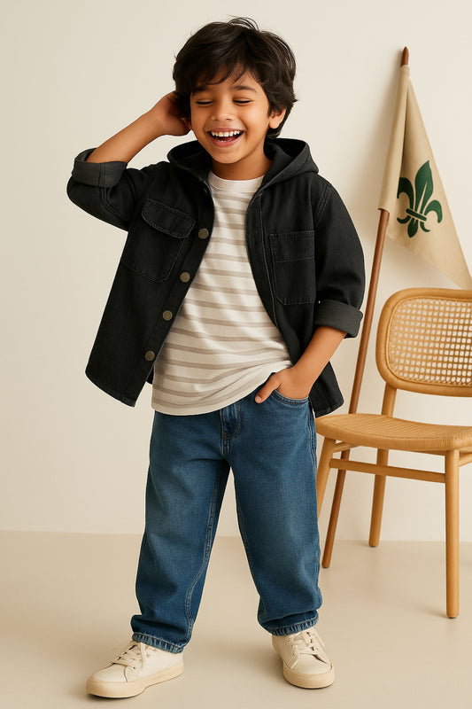 Boys Black Cotton Poly Hooded Shacket