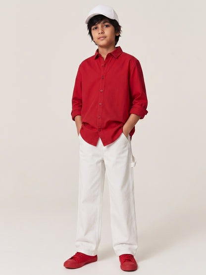 Boys Cotton Red Shirt With White Lycra Denim Solid Relaxed Fit Jeans