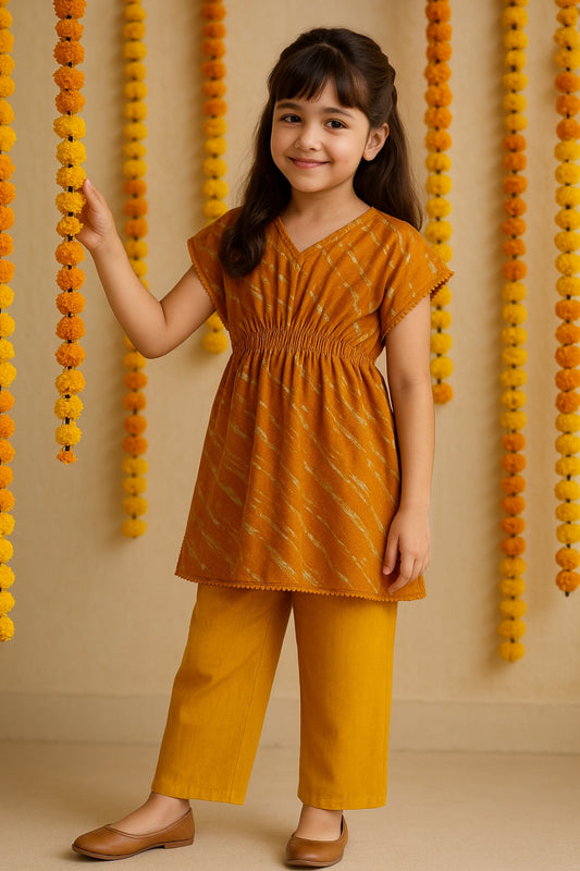 Girls Yellow Printed Kaftan & Pant Set