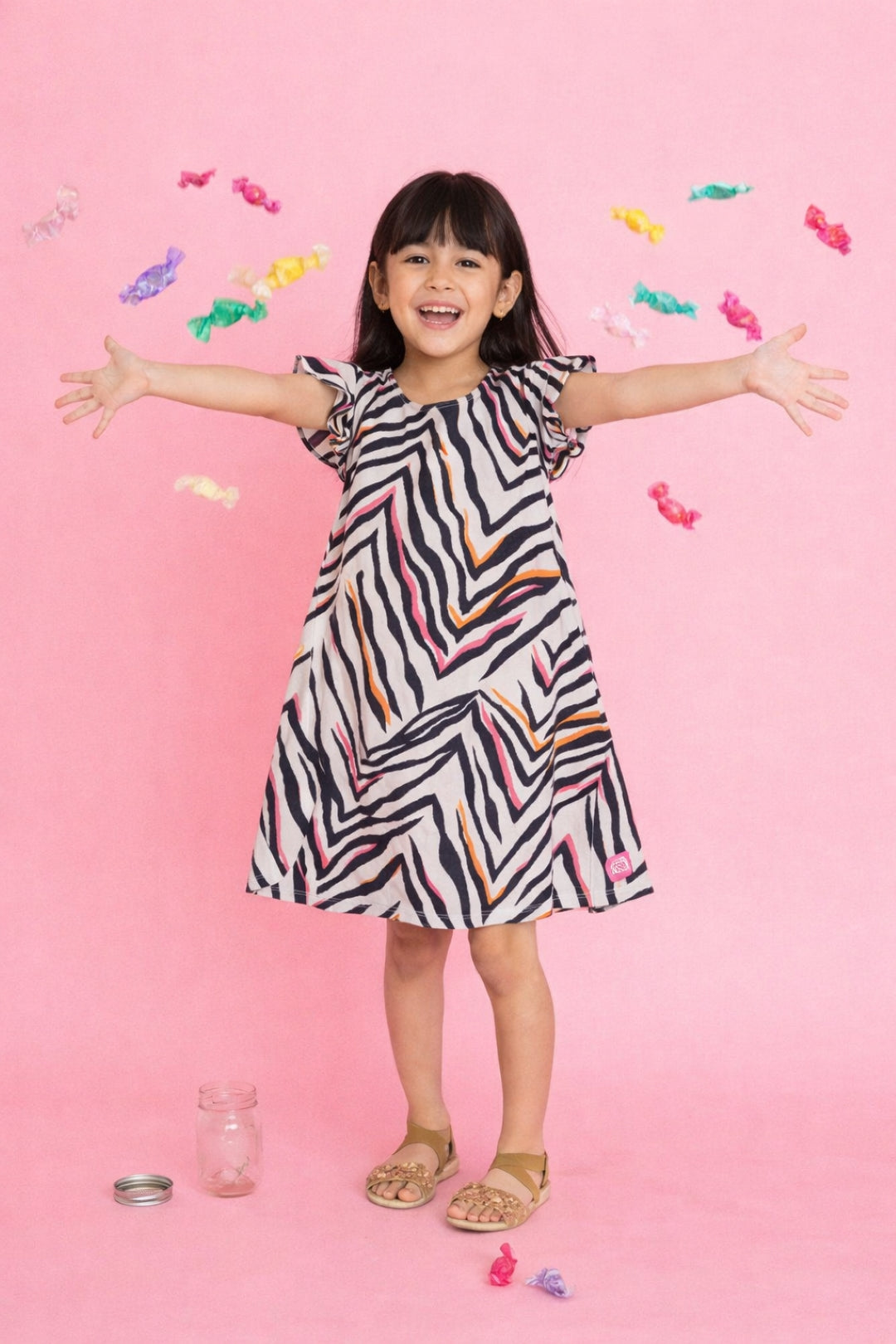 Girls Cream Rayon Printed Dress