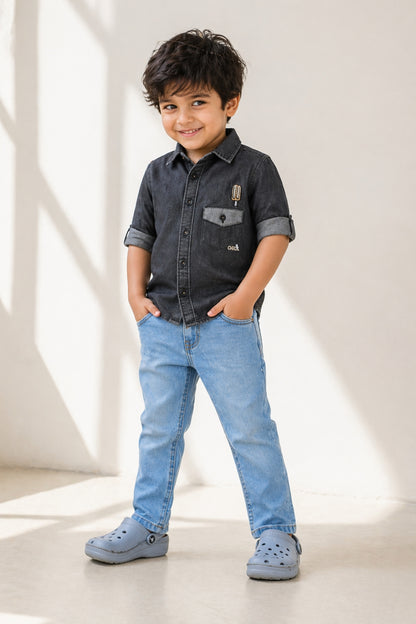 Boys Cotton Black Shirt with Blue Denim Jeans Set
