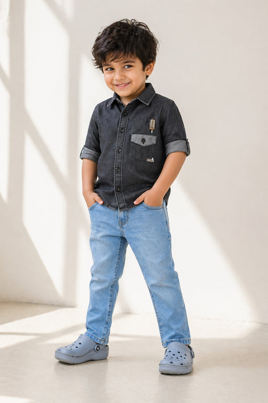 Boys Cotton Black Shirt with Blue Denim Jeans Set