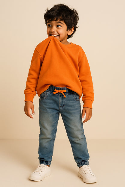 Boys Blue Lycra Solid Denim Joggers