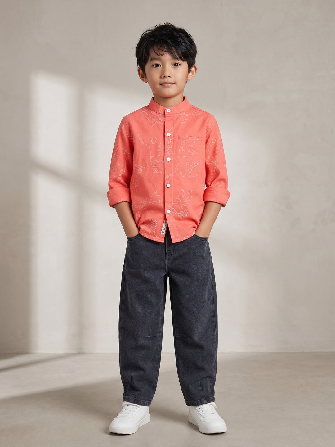 Boys Cotton Orange Shirt With Grey Denim Washed Regular Fit Jeans