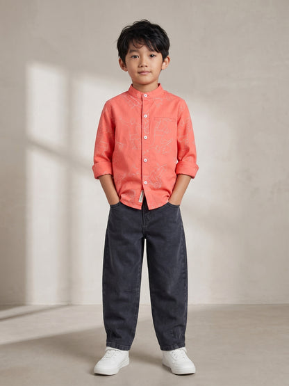 Boys Cotton Orange Shirt With Grey Denim Washed Regular Fit Jeans