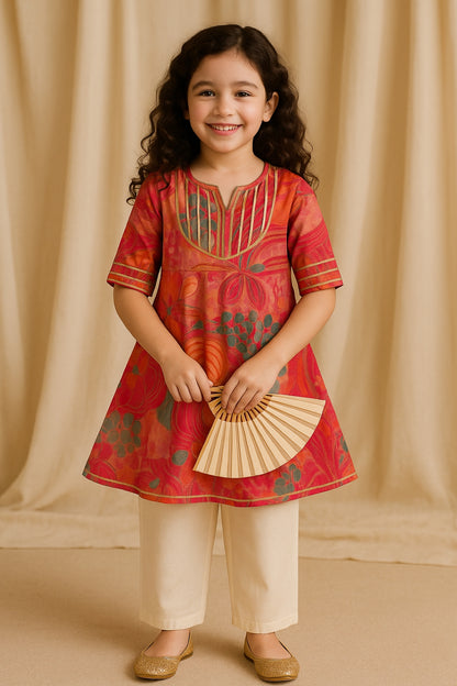 Girls Pink Ethnic Printed Viscose Kurta Set