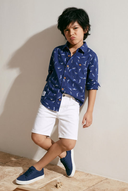 Boys Blueish Printed Cotton Shirt