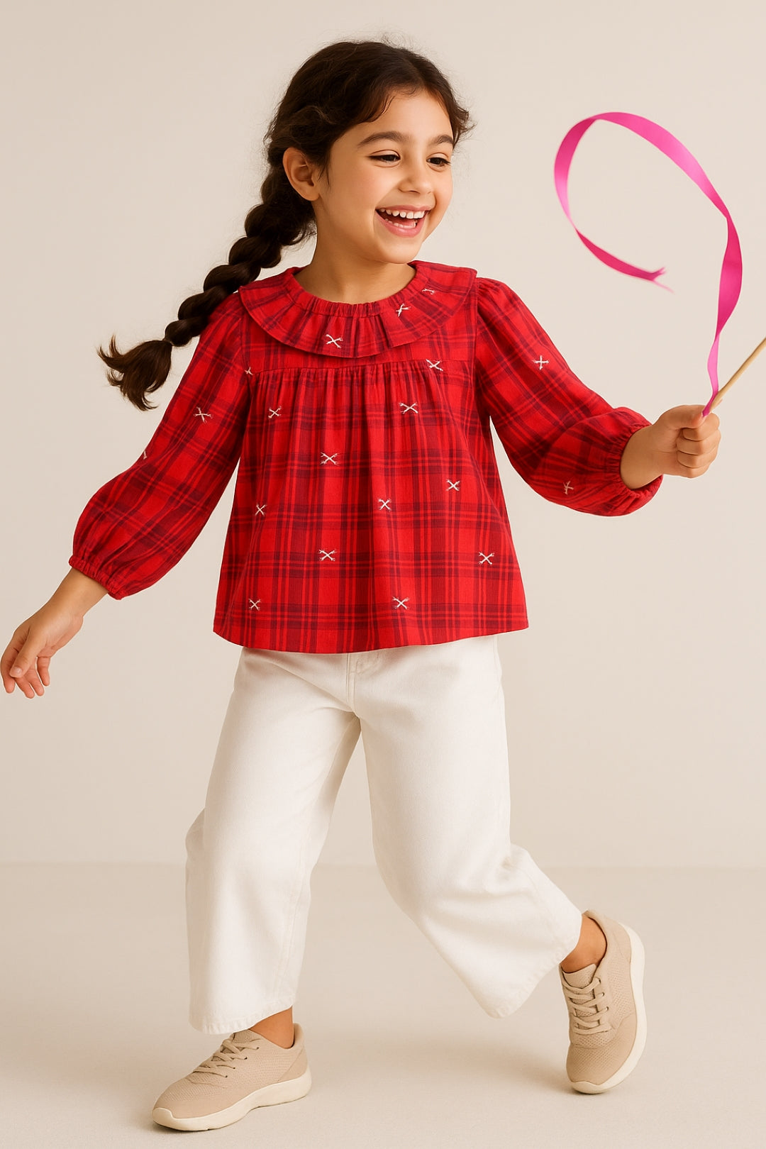 Girls Cotton Red Checks Top