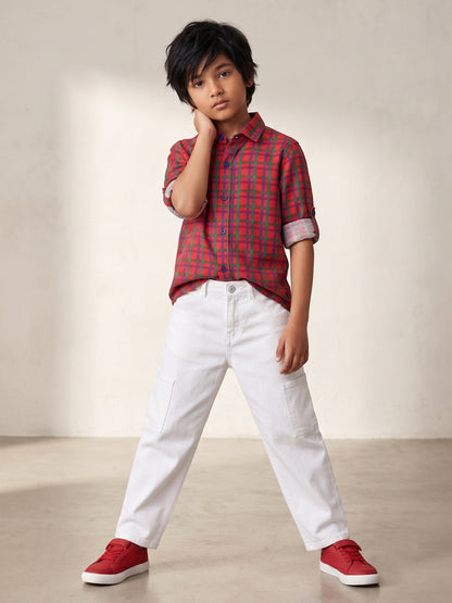 Boys Cotton Checks Red Shirt With White Lycra Denim Solid Barrel Fit Jeans